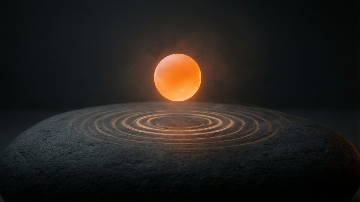 Esfera de luz naranja suspendida sobre una piedra oscura, con anillos concéntricos a su alrededor