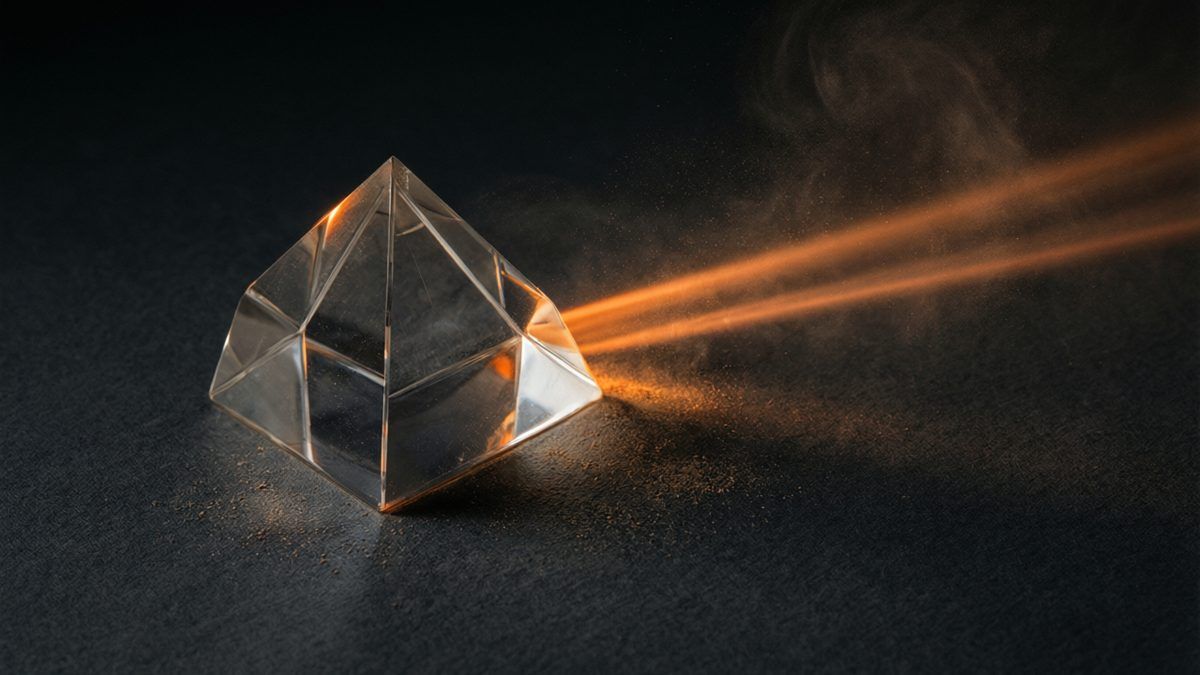 Prisma de cristal que abre un haz de luz naranja en varias estelas sobre papel oscuro, con polvo suspendido en el aire